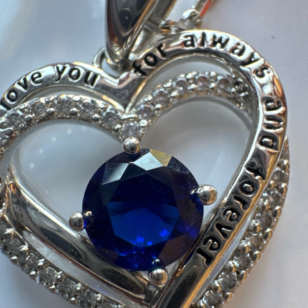 Love you forever and always Silver Heart Pendant with Blue Gemstone